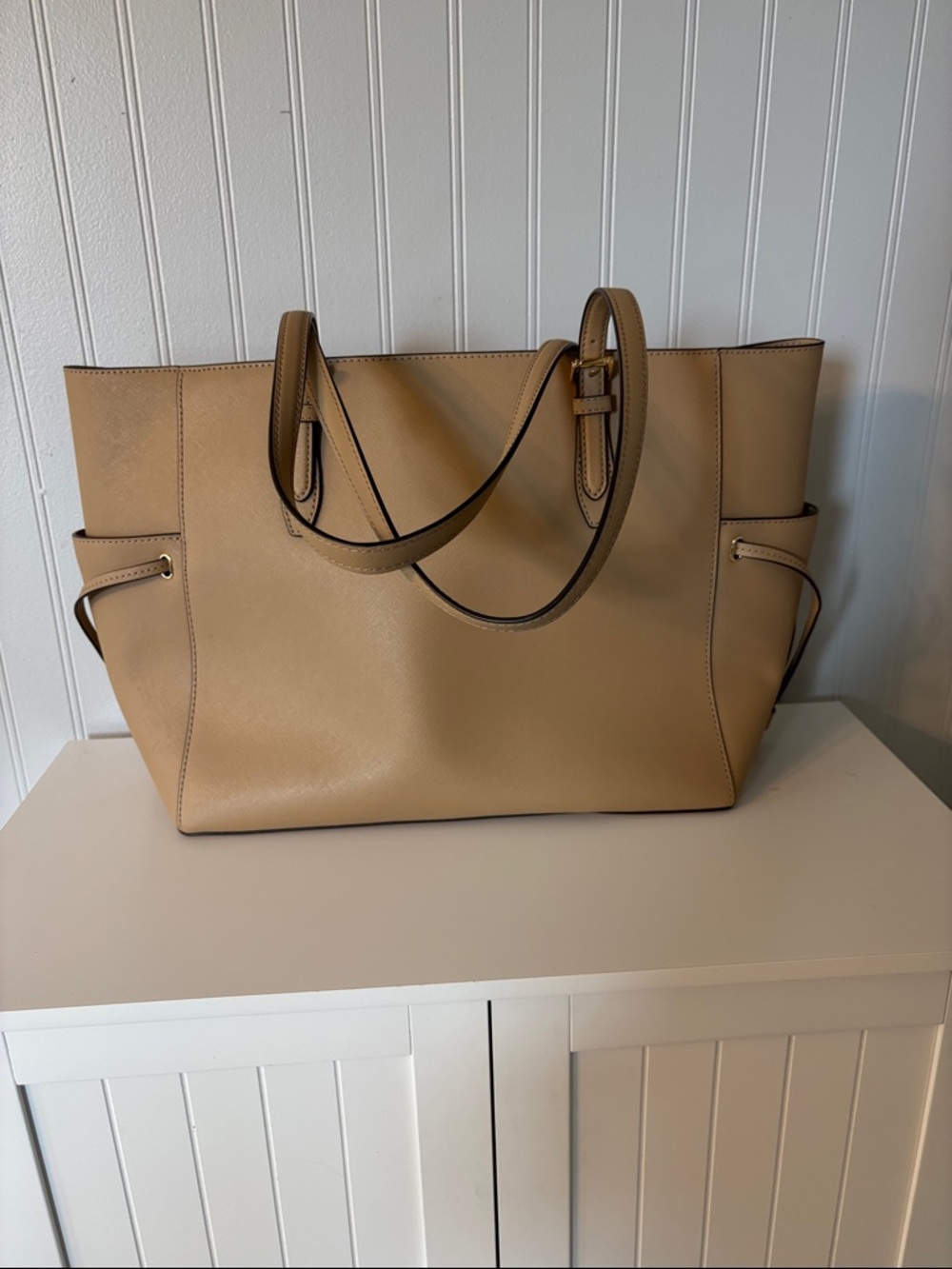 Michael Kors Gilly Camel Leather Tote with Gold MK Charm - Picture 4 of 16